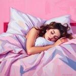 Person peacefully sleeping on a bed with pink geometric bedding, highlighting serenity and comfort.