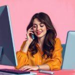 Woman in yellow shirt smiling while talking on phone at computer desk.