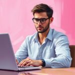 Young man in glasses working on laptop against a pink background.