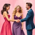 Three elegantly dressed people smiling and shaking hands at a formal event against a pink background.