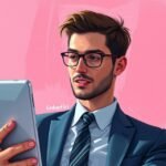 Young professional with glasses using a tablet, dressed in a suit against a pink background.