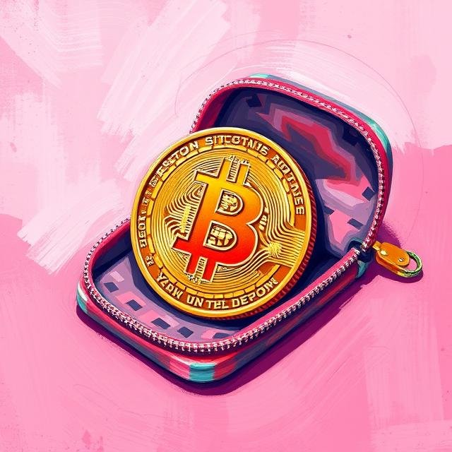 Coin in a colorful pouch against a pink background, symbolizing digital currency storage.