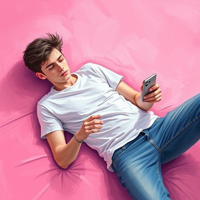 procrastination Young man relaxing on a pink sofa while browsing his smartphone. Casual style with jeans and t-shirt.
