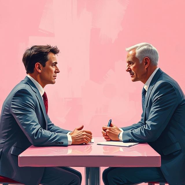 Two businessmen in formal suits sit across a pink table, engaged in a serious discussion.