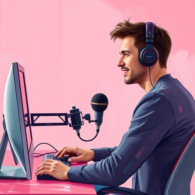 Man podcasting at desk with microphone and headphones, pink background, modern tech setup.