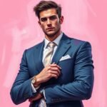 Stylish man in a blue suit and tie against a pink background, exuding confidence and elegance with a wristwatch.