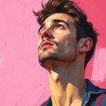 Illustrated portrait of a man gazing upward against a vibrant pink background.