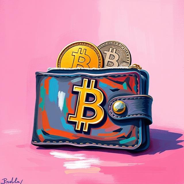 Colorful wallet with Bitcoin symbol and coins, digital cryptocurrency concept on pink background.