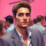 Young man in a suit at a social event with a stylish pink background and people mingling in the crowd.