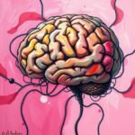 Illustrated human brain with colorful patterns and neural connections on a pink background.