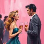 Elegant couple in formal attire toasting with wine glasses against a pink background at a stylish event.