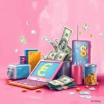Digital wealth concept with gadgets, cash, and symbols of currency on a pink background.