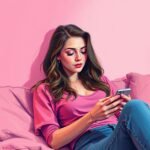 Portrait of a young woman in a pink top using a smartphone, sitting on a pink couch.