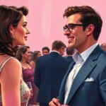 Smiling couple having a conversation at a formal event, surrounded by other guests, against a pink background.