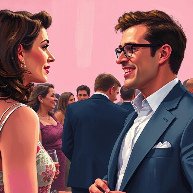 Smiling couple having a conversation at a formal event, surrounded by other guests, against a pink background.