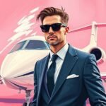 Man in suit and sunglasses standing confidently in front of a private jet with a pink background.