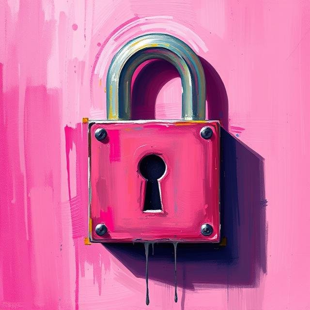 Pink padlock on painted surface, symbolizing security and creativity with a vibrant artistic touch.