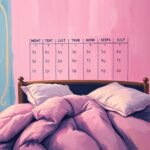 Cozy bed with pink sheets, pillows, and a humorous calendar on the wall showing nonsense days and numbers.