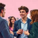 Young adults engaging in conversation at a lively social event, holding drinks, with a pink background.