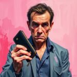 Man in blue shirt holding a wallet, set against a pink background.