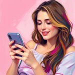 Smiling woman with long hair using smartphone, pink background, digital illustration.