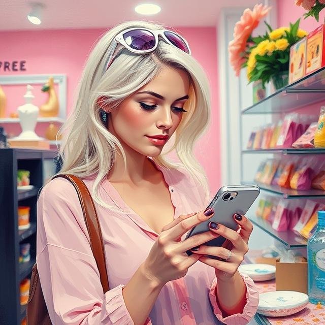 Woman in a pink shirt using a smartphone in a colorful store with flowers and shelves full of products.