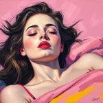 Portrait of a woman with closed eyes, vibrant colors and a dreamy expression against a pink background.