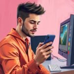 Man in orange hoodie uses smartphone at computer desk, digital art style, pink wall background.