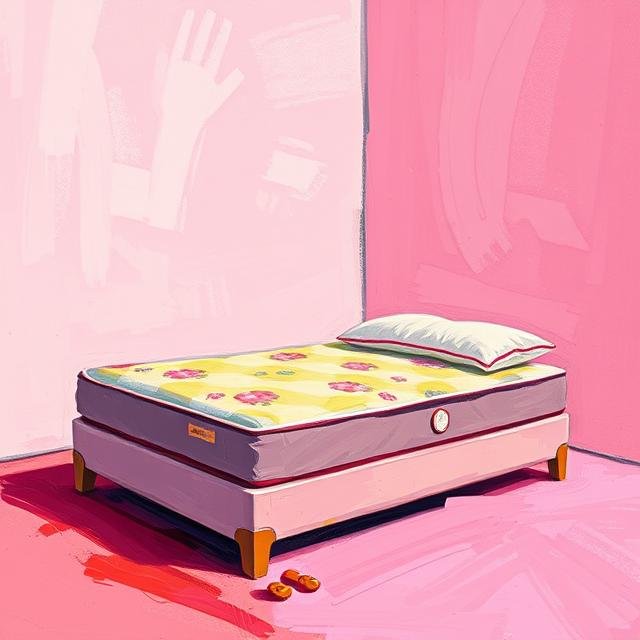 Illustrated bedroom with a patterned mattress on a bed, pink walls, and floor, creating a vibrant sleep space.
