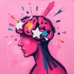Illustration of a pink head with brain and stars, symbolizing creativity and imagination on a vibrant background.