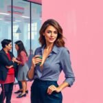 Professional woman holding coffee, smiling confidently in a vibrant office with colleagues in background.