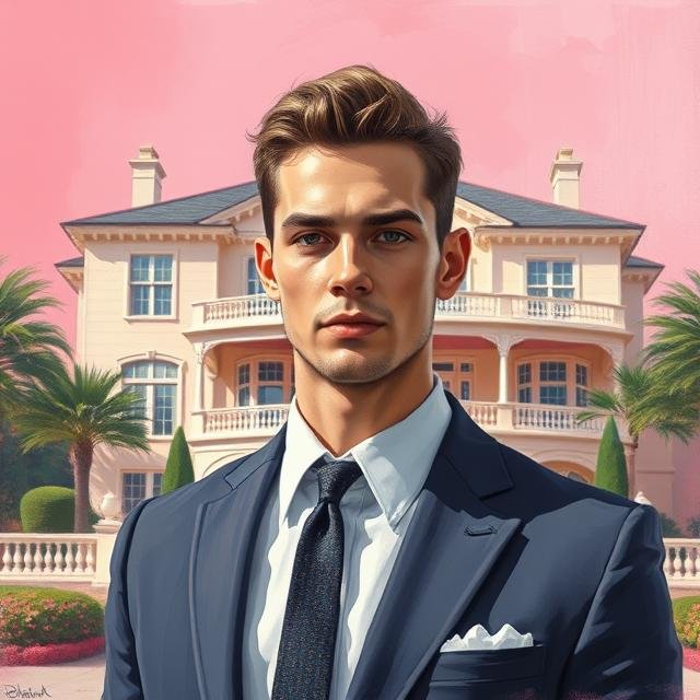 Man in a suit standing in front of a luxury mansion with palm trees, against a pink sky background.