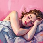 Painting of a woman peacefully sleeping under a blue sheet against a pink background.