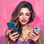 Smiling woman holding two smartphones, painted portrait on a pink background.