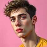 Digital painting of a young man with brown hair and a yellow shirt against a pink background.