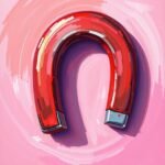 Red horseshoe magnet on pink background, concept of attraction and magnetism, colorful digital illustration.