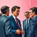 Business meeting with four men in suits talking against a pink background.