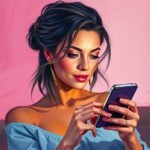 Woman in blue top using smartphone against pink background.