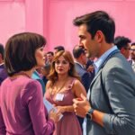 Professionals networking at an outdoor event, engaging in conversation against a pink backdrop.