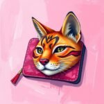 Illustrated wallet with a stylized orange cat face on a pink background.