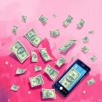 Smartphone with dollar bills flying around, symbolizing digital money and online transactions on pink background.
