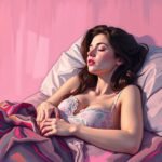 Illustration of a woman peacefully sleeping in bed, surrounded by soft pink tones and floral bedding.